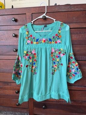 Embroidered Teal Boho Tunic Top with Floral Accents